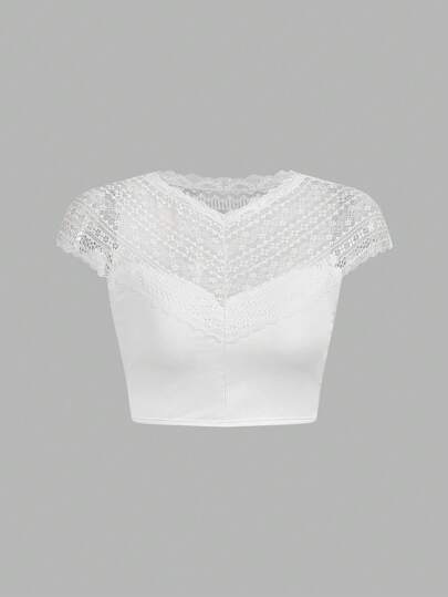 SHEIN Frenchy Women's Solid Color Minimalist Casual Lace Short Sleeve Blouse,Oktoberfest Dirndl Tops,Oktoberfest Tracht,Oktoberfest /Wiesn /Bierfest Summer White