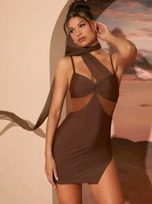 Hauture Mini vestido envolvente elegante y sexy con cuello halter y panel de malla - Marrón - Ver 1