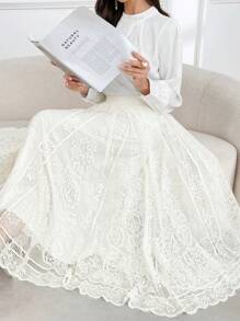 Graceveil Chân váy ren xếp tầng màu trơn thanh lịch, thích hợp cho mùa hè và mùa thu. - Màu be - Xem 3