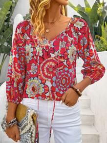 SHEIN LUNE 女士襯衫,燈籠袖打結前面全印花 - 西瓜粉 - 查看 1