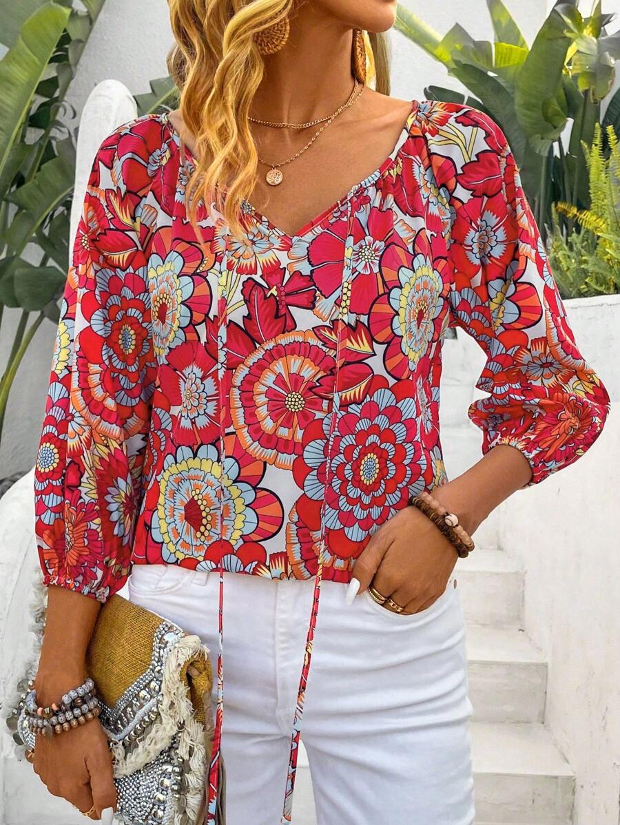 SHEIN LUNE 女士襯衫,燈籠袖打結前面全印花 - 西瓜粉 - 查看 1