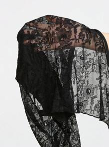 ROMWE Goth Vestido negro informal de tirantes con encaje transparente, flores, lazo y estilo sexy para mujeres de vacaciones - Negro - Ver 7