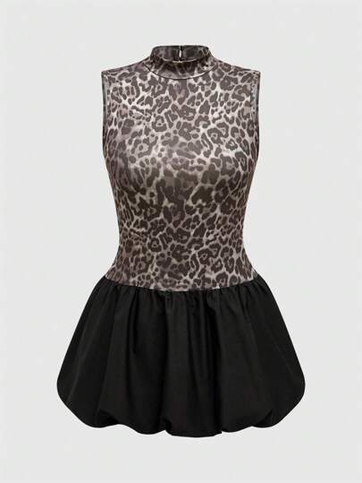 Grunge Punk Vestido ajustado sin espalda con estampado de leopardo y parches florales en mujer