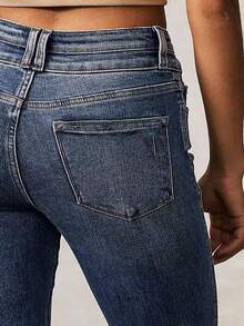 女式前扣多口袋牛仔喇叭裤，适合日常休闲穿着 - 藍色 - 查看 3