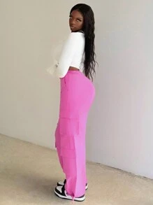 Slaydiva Women's Fuchsia Street Style Multi-Pocket Cargo Pants - Pink - View 5