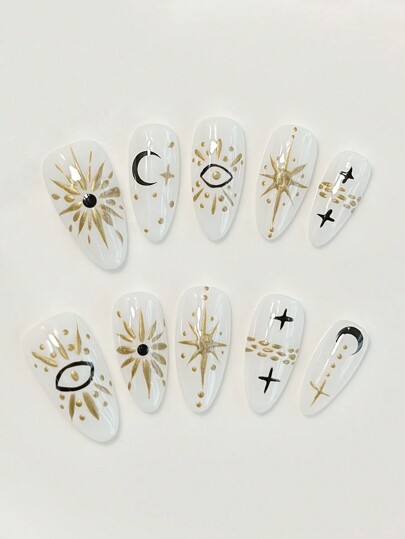 Fairycore 10pcs Fall Star Pattern Handmade False Nails + 3pcs Double-Sided Adhesive, Removable Star & Moon Design Nail Decals, High-Quality Glossy Colored Nail Stickers For Festival Party, Dance & Daily Wear
