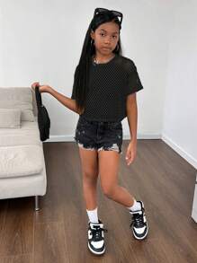 SHEIN Tween Girl 运动街头服饰针织网眼透气圆领短袖上衣 - 黑色 - 查看 4