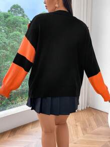 Flirla Cardigan Casual Aberto com Blocos de Cor Texturizada de Abóbora e Fantasma, para Outono e Halloween, em Plus Size
