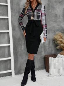 SHEIN LUNE Women's Fitted Plaid Splicing Autumn Dress - Black - View 5