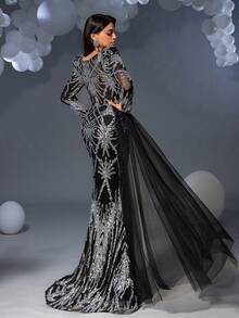 Faeriesty Elegant Sequin Contrast Mesh Mermaid Hem Formal Dress - Black - View 3