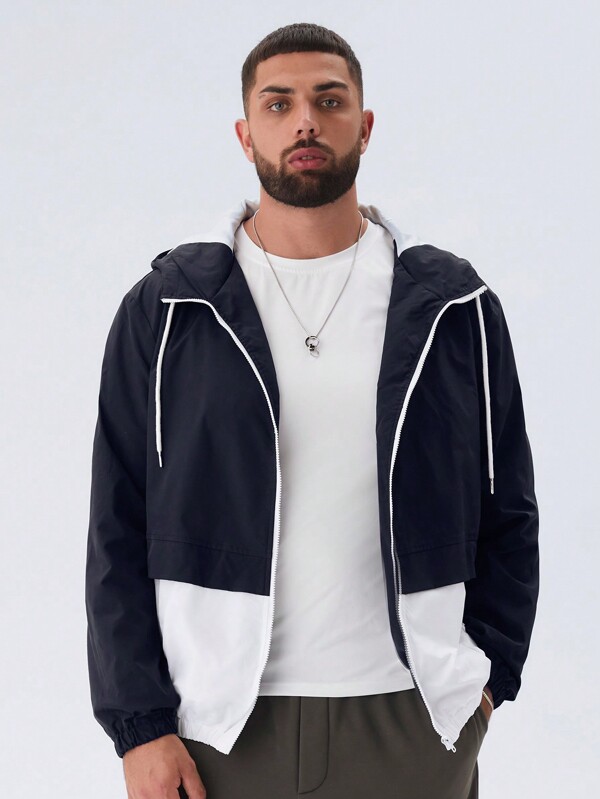 Manfinity NXTstreet Men Plus Size Woven Casual Patchwork Hooded Long Sleeve Jacket For Fall Winter