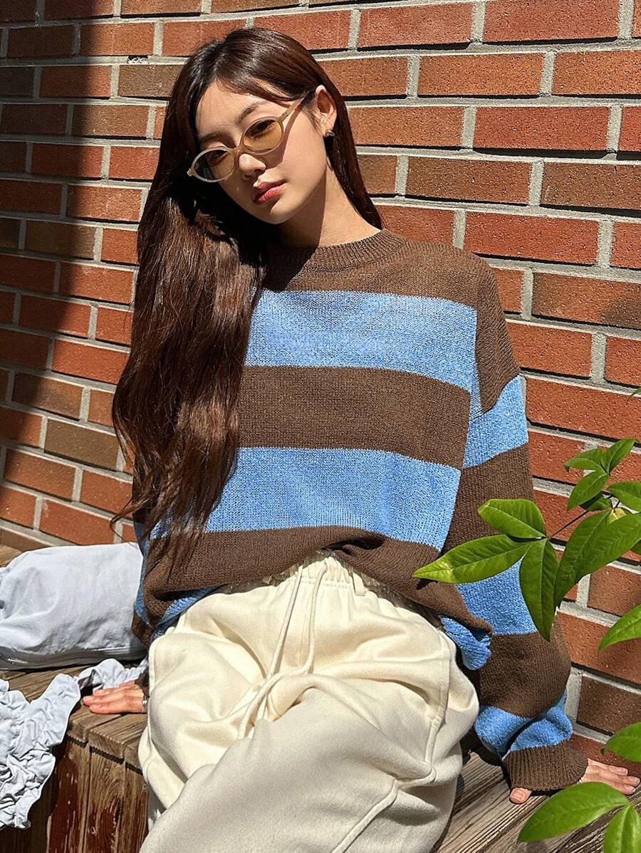 DAZY Maglione oversize a girocollo con blocchi di colore, abbigliamento autunnale per donna