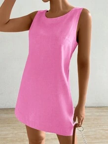 SHEIN EZwear 女士纯色露背夏季休闲日常搭配连衣裙 - 粉色 - 查看 4