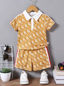 SHEIN 男婴夏季休闲全印花 Polo 衫和短裤套装 - 咖啡棕 - 查看 1