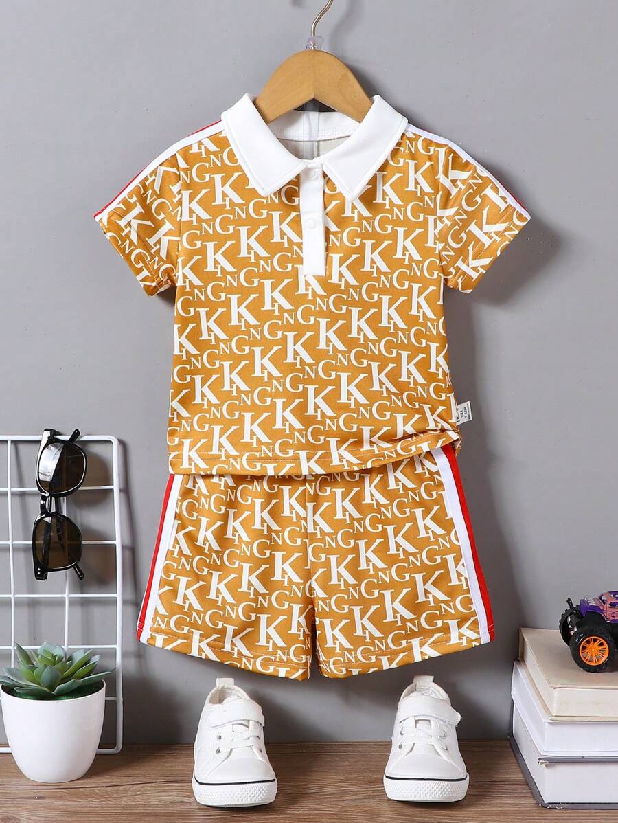 SHEIN 男婴夏季休闲全印花 Polo 衫和短裤套装 - 咖啡棕 - 查看 1