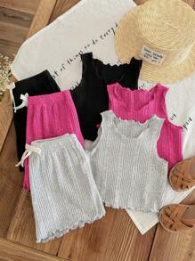 SHEIN LMoss Kids Conjunto de 6 piezas de top sin mangas con volantes en el bajo y shorts de unicolor tejido para bebé niña - Rosa Fucsia - Ver 5