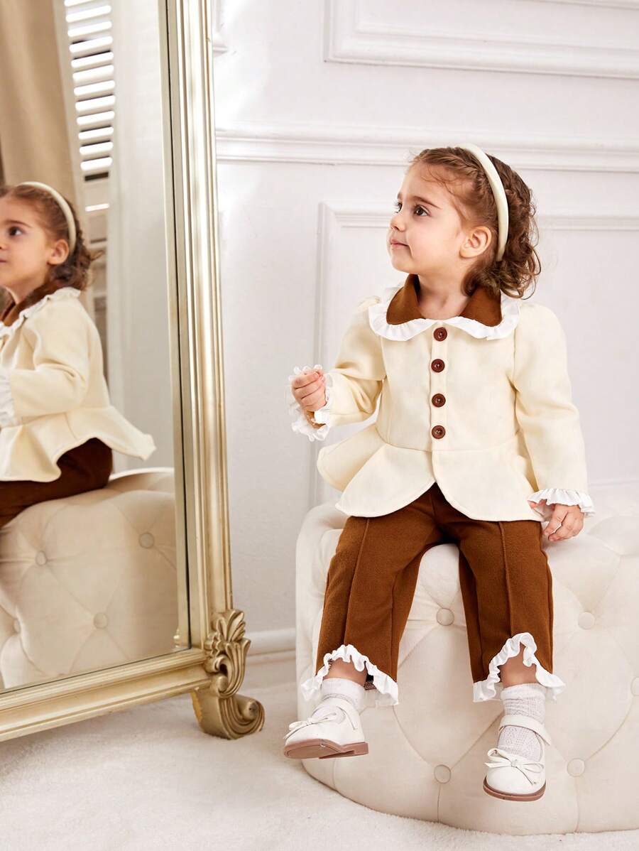 SHEIN طقم فتاة شتوي خريفي دافئ: معطف صوفي بياقة مكسرة و بنطلون مطوي 2 قطعة - متعدد الألوان - مشاهدة 1