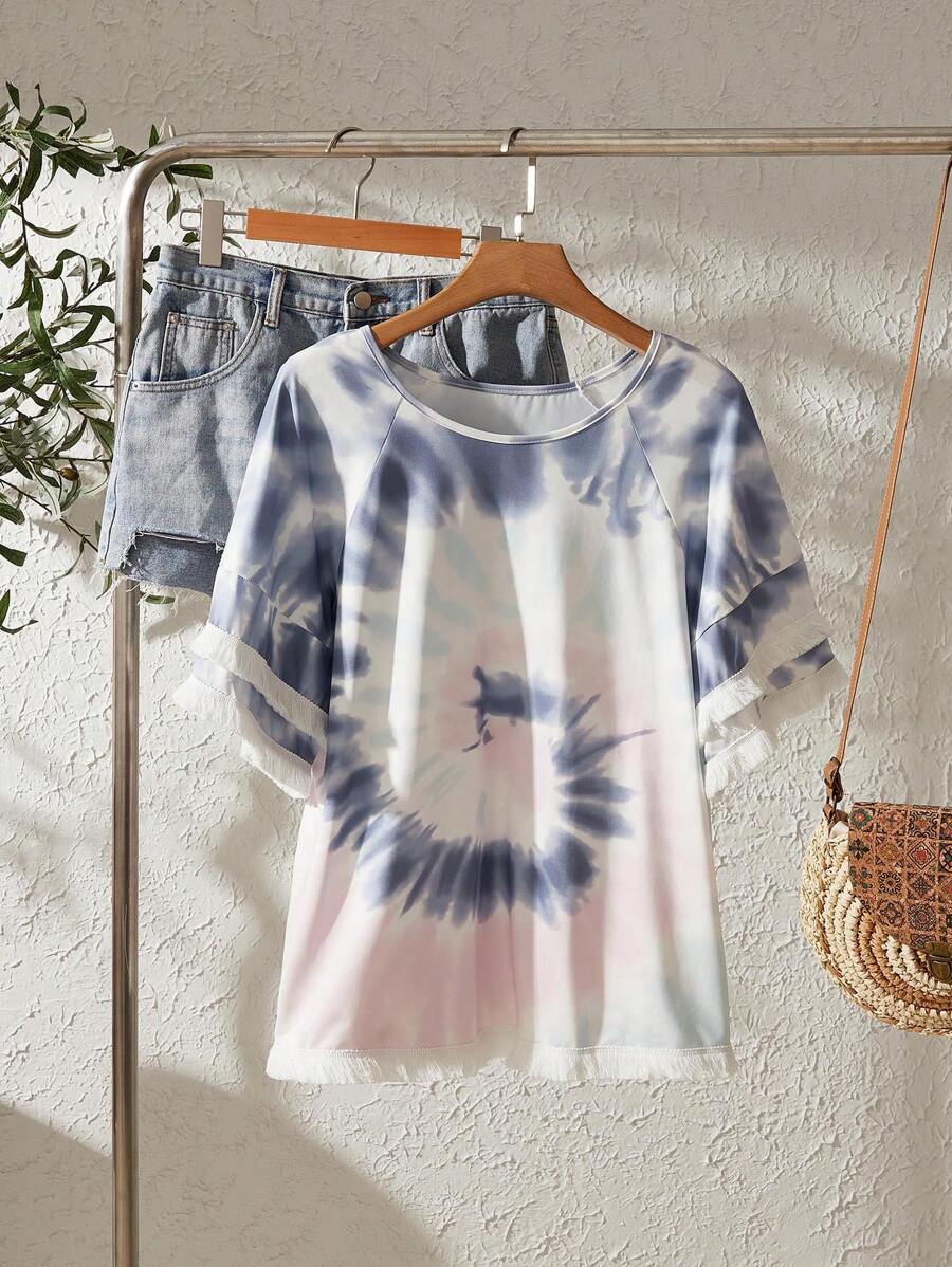 SHEIN LUNE Women's Ombre Print Crew Neck Layered Sleeve T-Shirt - Blue and White - View 1