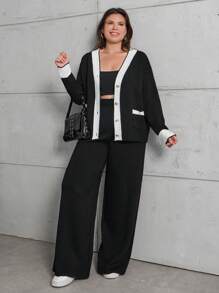 Cloudara Conjunto de 2 piezas de talla grande para mujer compuesto por un cárdigan de bloque de color con borde enrollado y hombros caídos, y pantalones con cierre de botones, para invierno - Negro - Ver 1