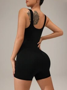 Easithlete 女士无缝腰部收紧吊带背心和短裤运动套装 - 黑色 - 查看 2