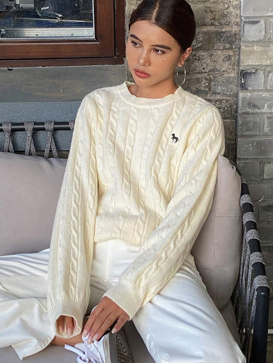 DAZY 女士秋冬休闲宽松刺绣马图案毛衣、长袖上衣 - 白色 - 查看 1