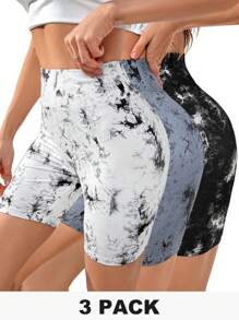 SHEIN Essnce Plus Size Women's Summer And Autumn New Fashion Casual Back To School Clothes Commuting Sports Jogging Tie-Dye Smudge-Dye 3-Piece High-Waisted   Sweatpants  Joggers Leggings Shorts - Multicolor - View 1