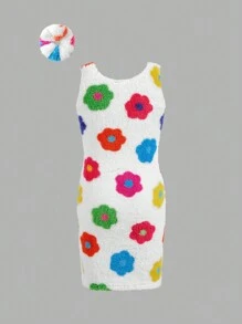 Tween Girl Casual Reversible Fleece Floral U-Neck Dress With Scrunchie - White - View 2