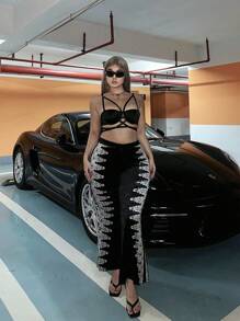 Flirla Plus Size Fashionable Placement Print Flare Leg Pants - Black - View 7