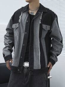 Manfinity Roghcode Men's Frayed Edge Color Block Vintage Dark Long Sleeve Denim Jacket, Stylish Casual Wear, For Vacation, Friends - Black - View 3