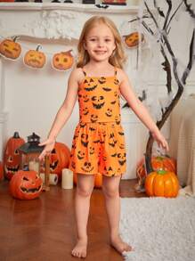 SHEIN Feuerfestes Pyjama-Set mit Cartoon Muster für Kleine Mädchen, Unterhemd und Shorts zum Thema Halloween, 2 Stücke Mama-und-ich-Outfit (3 Sets separat erhältlich)