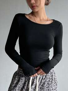 DAZY Women's Solid Color Backless Lace-Up Long Sleeve Slim Fit T-Shirt, Spring Summer,Halter Top