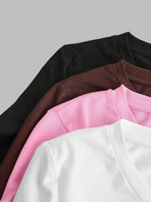 SHEIN 4 peças/conjunto adolescente menina decote em v bainha curva manga longa casual versátil camada de base camisetas de malha