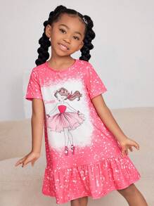 SHEIN Sommerliches, süßes und bequemes Schlafkleid für Kleine Mädchen mit Cartoon-Muster, kurzem Arm, Rüschen am Saum und flammhemmender Funktion
