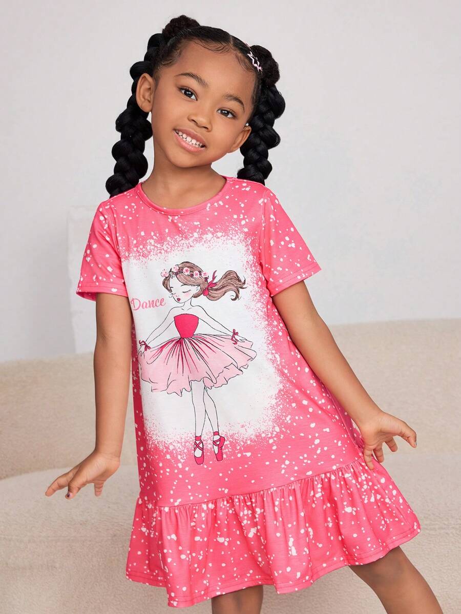 SHEIN Sommerliches, süßes und bequemes Schlafkleid für Kleine Mädchen mit Cartoon-Muster, kurzem Arm, Rüschen am Saum und flammhemmender Funktion