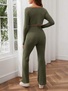 SHEIN Maternity Solid Ribbed Knit Two Pieces Outfit Set, Autumn Winter - Army Green - View 2