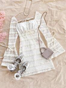 Soleia 休闲浪漫度假纹理缎带系带喇叭袖合身蕾丝女式连衣裙 - 米色 - 查看 5