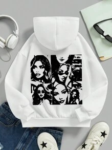 SHEIN Tween Girls Casual Simple Personalized Black And White Portrait Graphic White Long Sleeve Sweatshirt, Suitable For Fall And Winter - White - View 1