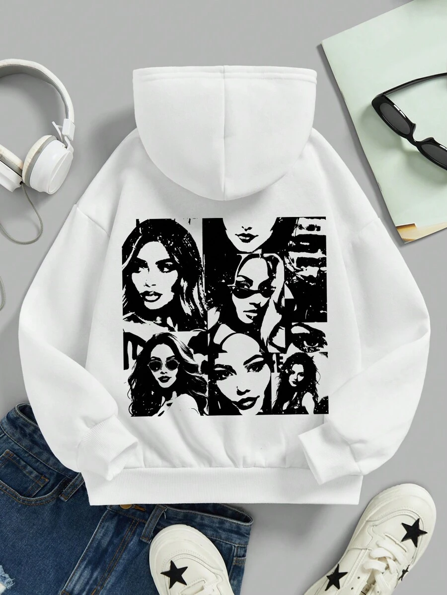 SHEIN Tween Girls Casual Simple Personalized Black And White Portrait Graphic White Long Sleeve Sweatshirt, Suitable For Fall And Winter - White - View 1