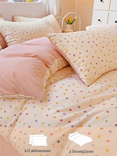 2/3 件套粉色波尔卡圆点双面女孩可爱学生宿舍水洗床上用品套装，单人床/大号床/特大号床尺寸