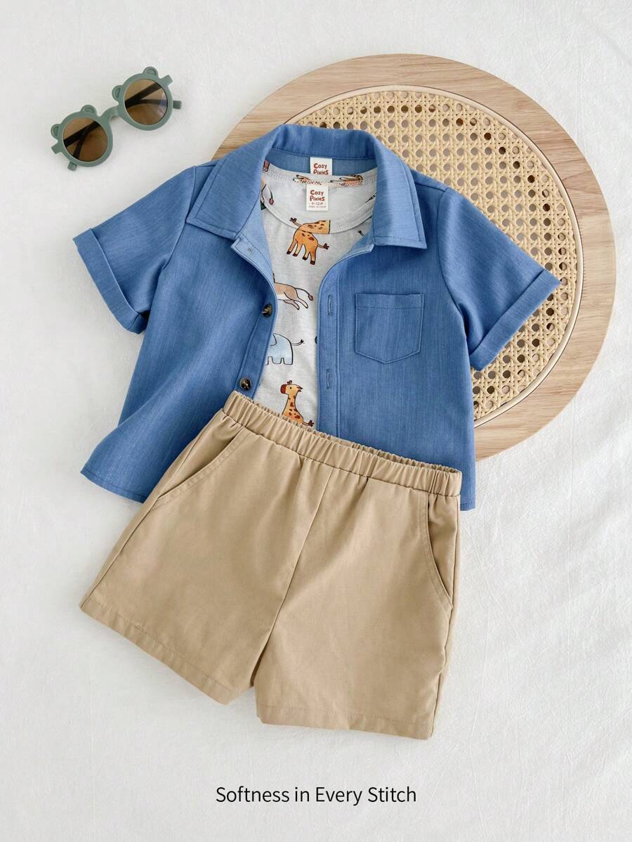 Cozy Pixies 3 件套男婴卡通动物图案针织柔软圆领套头衫、马球领开衫和休闲短裤套装 - 淺藍色 - 查看 1