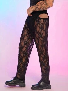 FeverCity 男士性感大胆前卫蕾丝镂空直筒高腰西装长裤 - 彩色 - 查看 5