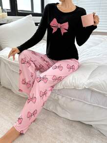 Cartoon Bow Print Long Sleeve Pajamas Set , Fall Winter Clothes Cozy And Elegant Details - Multicolor - View 5
