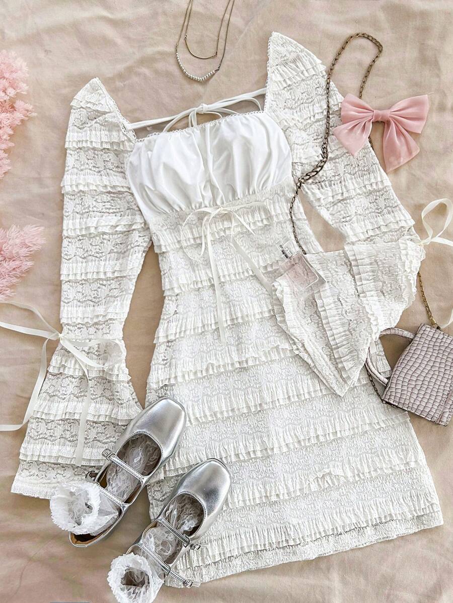 Soleia 休闲浪漫度假纹理缎带系带喇叭袖合身蕾丝女式连衣裙 - 米色 - 查看 1