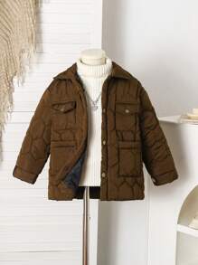 SHEIN Fashionable Retro Style Toddler Young Girl Straight Padded Coat - Brown - View 8
