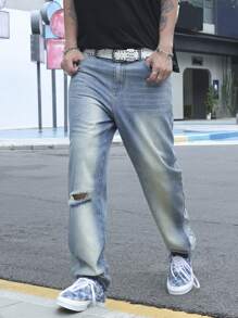 Manfinity Roghcode Quần Jeans Denim Baggy Rộng Đơn Giản Rách Màu Trơn Cho Nam - Rửa trung bình - Xem 4