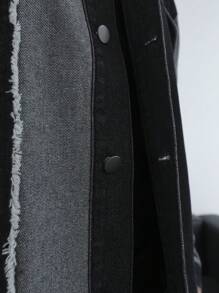 Manfinity Roghcode Men's Frayed Edge Color Block Vintage Dark Long Sleeve Denim Jacket, Stylish Casual Wear, For Vacation, Friends - Black - View 8