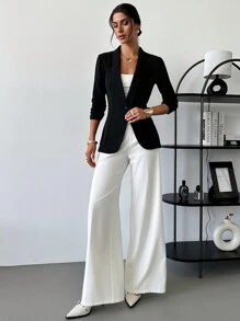 Firerie Women's Elegant Casual Pleated 3/4 Sleeve Ruffle Collar Black Blazer Jacket, Office Wear , Bussines Casual Womenwinter,Business Casual, Elegant,Black - Black - View 5