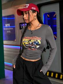 Streetz SHEIN Sport Women's Letter & Car Print Crew Neck Ruched Long Sleeve Sports Fitted T-Shirt - White - View 3