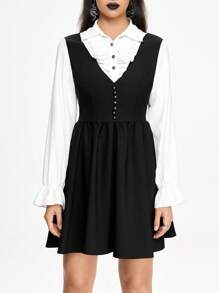 ROMWE Academia Preppy Style Neckline Ruffles Decoration Black And White Contrast Color Ladies 2 In 1 Dress - Black and White - View 2