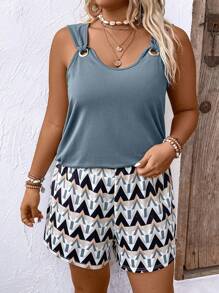 Plus Size Vakantie Casual Effen Kleur Tanktop En Geometrisch Patroon Shorts 2 Stuks Set